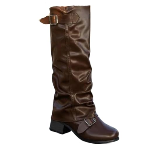 Women's Slouchy Knee High Boots Round Toe Buckle Strap Boots Casual Vintage Western Booties Fold Over Ridding Boot Chunky Low Heel Platform Booties Outdoor Shoes
