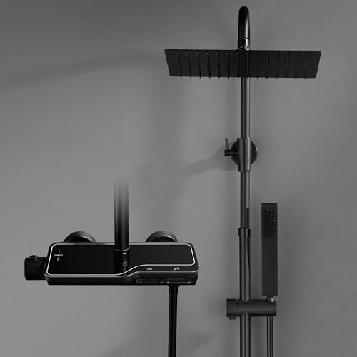 Görbach Colonne de Douche avec mitigeur thermostatique, Acier inoxydable système de douche avec robinetterie, pommeau de douche, douchette à main, barre de douche Noir mat (2525MB)