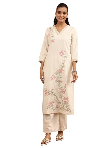 Image of Libas Embroidered Cotton Blend Straight Kurta Set for Women | ethnic wear | bridal suit | wedding dress | occasion wear