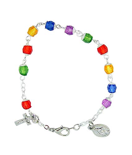 Image of Rainbow Acrylic Rosary Bracelet with Cross and Miraculous Medal Charms in Heart Shaped Box, 8 Inch