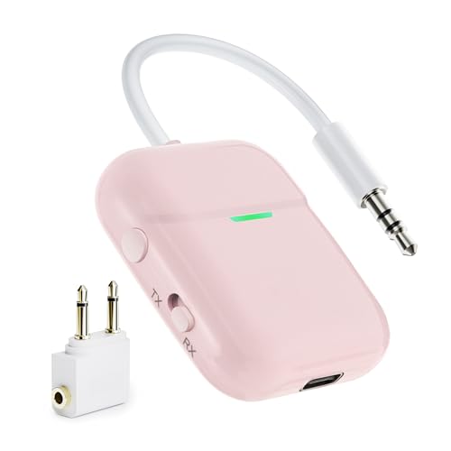 Nulaxy Air in-Flight Bluetooth Wireless Audio Transmitter Receiver for up to 2 AirPods Wireless Headphones, Bluetooth Adapter for All 3.5mm Aux Jacks on Airplanes, Gym Equipment, Pink