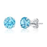 14K White Gold Round Swiss Blue Topaz Earrings for Women with Push Backs | 6mm Solitaire December Birthstone Earring | Solid Real 14 Karat Gold Gemstone Studs for Women by MAX + STONE