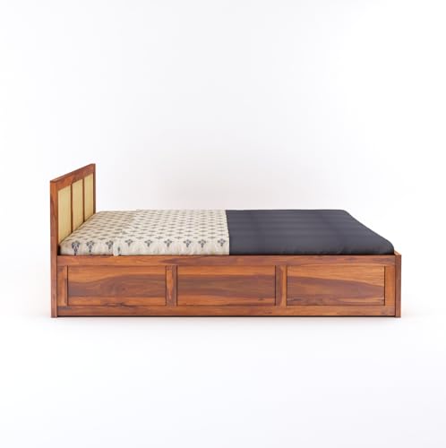 Image of Solid Sheesham Wood Queen Size Bed with Hydraulic Storage Wooden Double Bed Cot Palang Furniture for Bedroom Living Room Home Furniture (Honey Finish) | 1 Year Warranty