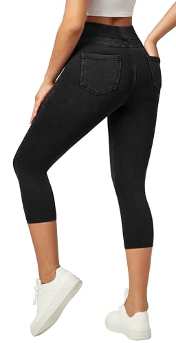 IUGA Capri Jeans for Women Stretchy Jean Capris Pull On Jeggings High Waisted Denim Capri Leggings Casual Pants with Pockets (Black, Large)