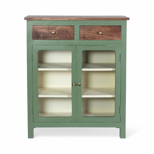 Image of Solid Wood Madrid 2 Drawers Crockery Unit | Sideboard Cabinet | Glass Door Cabinet | Finish - Premium Olive Green & Off White
