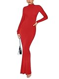 REORIA Women's Sexy Casual Mock Turtleneck Long Sleeve Elegant Long Dress Fall Wedding Guest Tight Ribbed Lounge Bodycon Maxi Dresses Plus Size Red X-Large
