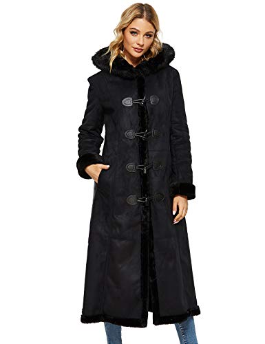 Women's Faux Suede Shearling Maxi Walking Coat with Hooded Black Mdeium