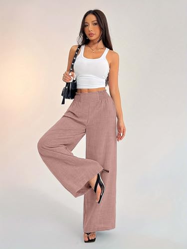 Image of Sugathari Women's Casual Wide Leg Pants - High Waist Elastic Waistband Loose Fit Long Trousers | Lightweight Straight Leg Summer PantsTrouser 254