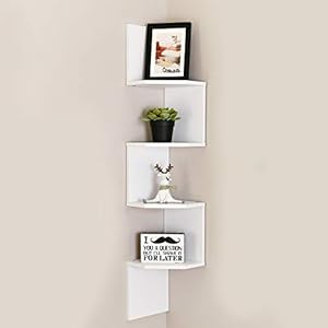 WELLAND Zig – Zag Floating Corner Shelves, 4-Tier Wall Mounted Storage Shelf with White Finish for Bedroom, Living Room, Bathroom, Display Shelf for Small Plant, Photo Frame, Toys and More