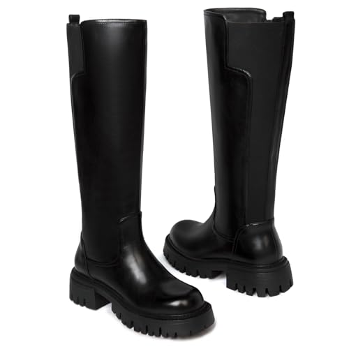 Platform Knee High Boots for Women Comfortable Stretch Round Toe Chunky Heel Tall Boots with Side Zip Dress Casual Long Riding Boots 6