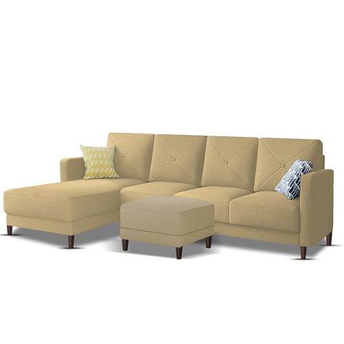 Image of Baloney LHS 6 Seater L Shape Sofa Set with Center Table for Living Room (Cream Fabric) Premium Fabric Sofa