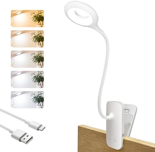 CUHIOY Clip on Reading Light for Bed, Rechargeable Battery Reading Light, 5 Color 5 Brightness & Touch Control Headboard Lamp, Large Clamp Desk Light with Flexible Neck, Eye Protect Bedside Book Light