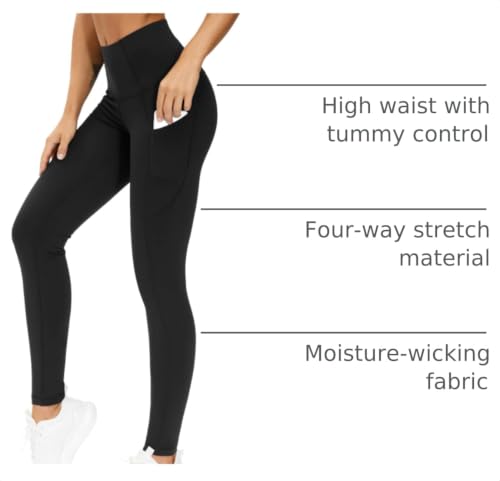 Image of THE GYM PEOPLE Thick High Waist Yoga Pants with Pockets, Tummy Control Workout Running Yoga Leggings for Women