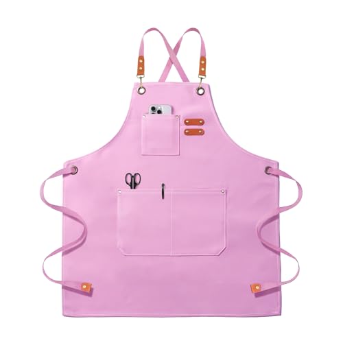 OUNLEN Chef Apron for Men Women Canvas Aprons with 3 Pockets Cross Back Resistant Work Apron for Cooking Grilling Baking BBQ Barber Kitchen (Light Pink)