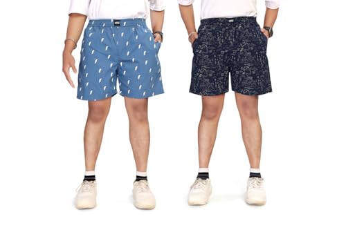 Image of UNOseven Shorts for Boys - 100% Cotton Printed with Side Pockets - Pack of 2 - Available from Size 7 Years to XL