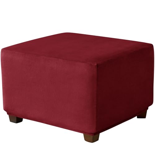 CLGTY Velvet Ottoman Cover Square, Stretch Footrest Stool Covers Soft Storage Ottoman Bench Slipcovers with Elastic Bottom Furniture Protector for Rectangle and Square Footrest-wine red-Small