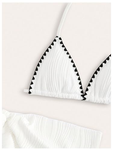 Floerns Girl's 3 Piece Swimwear Textured Contrast Binding Halter Bikini Set with Cover Up3