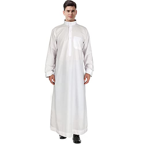 LINXING Arabisch Reine Farbe Thobe Herren - Saudi-arabisches Langarm-Gewand für Herren - Crew Stehkragen Kaftan Robe mit Knopf für Strand, Sommer Cover