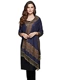 Women's Double Layered Border Pattern Reversible Pashmina Shawl Scarf Wrap Stole (003-4 Navy Blue)