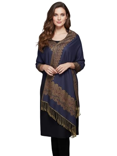 Women's Double Layered Border Pattern Reversible Pashmina Shawl Scarf Wrap Stole (003-4 Navy Blue)