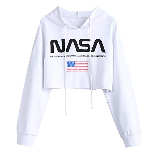 ZAFUL Cropped Hoodie American Flag NASA Logo Print Sweatshirt Drawstring Women Crop Pullover White-Hoodie M