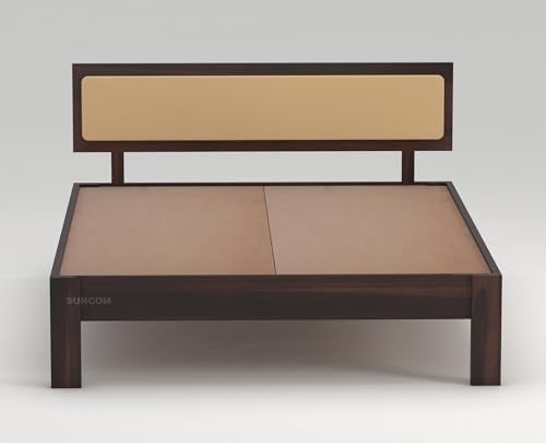 Image of SUNCOM Wooden Queen King Bed for Bedroom | Wooden Double Bed | Platform Cot Bed with Upholstered Cushioned Headboard | 6.5 x 6 Ft | Sheesham Solid Wood, Walnut Finish