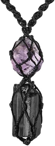Handmade Raw Black Tourmaline & Amethyst Necklace – Macramé Cryst...