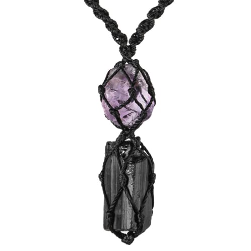 Handmade Raw Black Tourmaline & Amethyst Necklace &ndash; Macram&eacute; Crystal Pendant f...