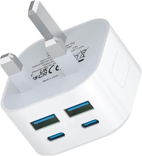USB C Plug Fast Charge 40W 4-Port Multi USB Plug UK Dual Port PD Power Adapter +QC USBC Mains Wall Charger Head Type C Fast Charging for iPhone 17/16/15/14/13/12 Pro Max Plus XS XR SE iPad AirPods