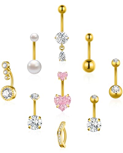 Gold Silver Belly Button Ring Surgical Stainless Steel Belly Rings for Women Pink Heart Clicker Pearl CZ Teardrop Dangle Navel Belly Button Piercing Jewelry
