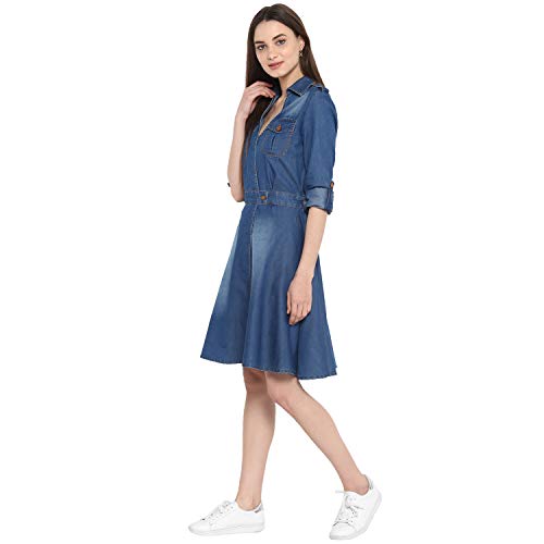 Image of StyleStone (3323DnmCrossBtnDrs Women's Denim Dress with V Neck