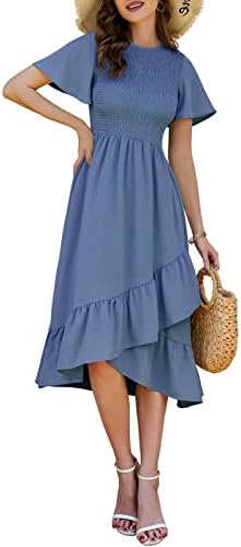 Bridesmay Women’s Flutter Short Sleeve Smocked Summer Midi Dress 2023 Casual Crew Neck Ruffle Hem Tiered Beach Sun Dresses