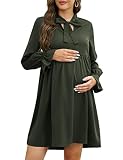 Clearlove Damen Umstandskleid V-Ausschnitt Kordelzug Schleife Stillkleid Elegant Casual Langarm Schwangere Kleider(Olivgrün,XL)