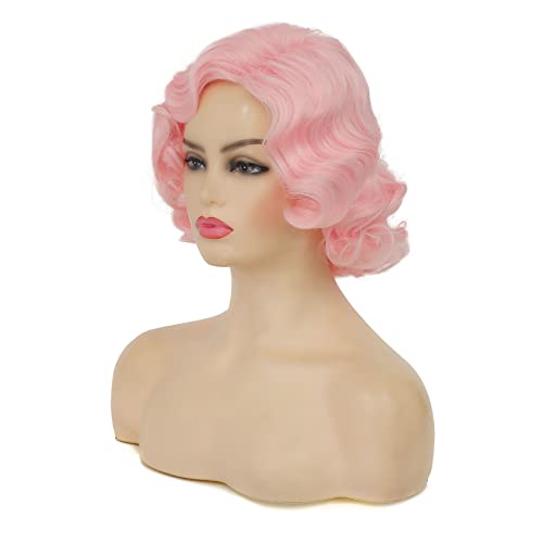Swiking Short Pink Curly Finger Wigs For Women Synthetic Wave Full Wig Cosplay Halloween Flapper Vintage Mommy Wig #TOP2