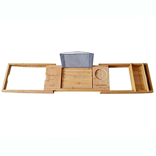 Bamboo Bathtub Tray, 29.53-42.91in Expandable Bath Tray with Holder, Adjustable Bath Caddy Bathtub Shelf for Relaxing Bath Time