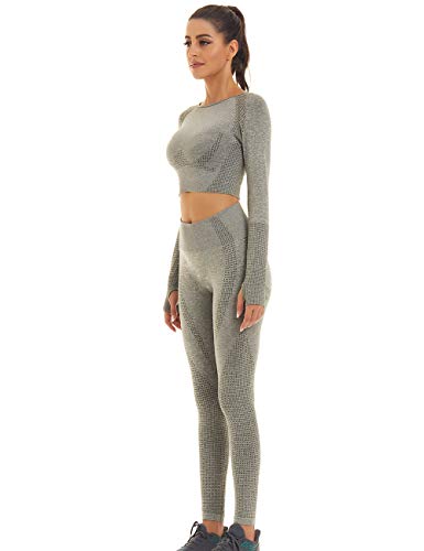 Toplook Women Seamless Workout Outfits Athletic Set Leggings + Long Sleeve Top (Green Gray, Small)