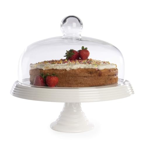 MAGNA RETAIL Ceramic Cake Stand with Glass Dome Lid | Cake Board Platter for Parties Weddings Christmas | Elegant Dessert Stand with Glass Cloche Table or Countertop | Afternoon Tea
