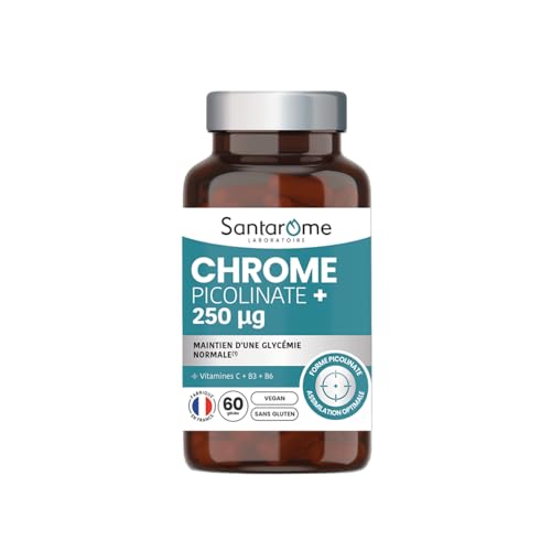 Santarome - Chrome Picolinate+ 250 µg – Maintien d’une Glycémie Normale – Métabolisme des Nutriments – Avec Vitamines C, B3 & B6 – Vegan, Sans...