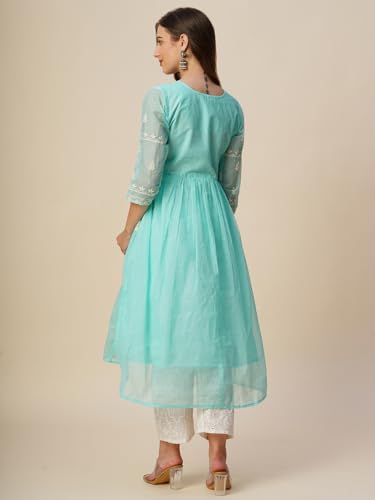 Image of RATAN Women's Muga Cotton Flared Lucknowi Chikankari Ethnic Wear Kurta