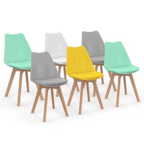 IDMarket - Lot de 6 chaises scandinaves SARA Mix Color Pastel Jaune, Blanc, Gris Clair x2, Vert mentholé x2