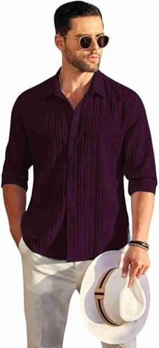 Image of Men's Casual Button Down Shirts Long Sleeve Linen Shirt Fashion Textured Beach Summer Shirt