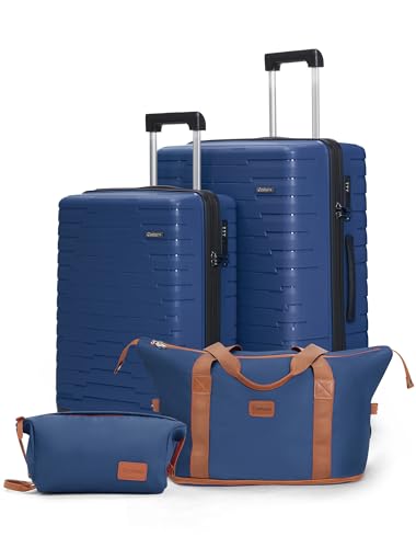 Cosbarn Luggage Sets 5 Piece, Suitcases with Wheels, PP Hard Case Luggage with Upgraded Shock-absorbing Spinner Wheel&TSA Lock, Carry On Luggage Set (Navy, 4 Piece Sets (20/24/DB/TB))