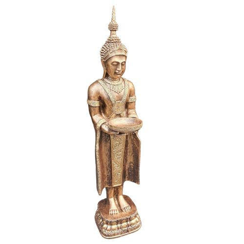 Aspinaworld Gartenfigur Asien Buddha Figur Tempelwächter Figur mit Schale 76 cm, Figur für den Garten, wetterfeste Deko