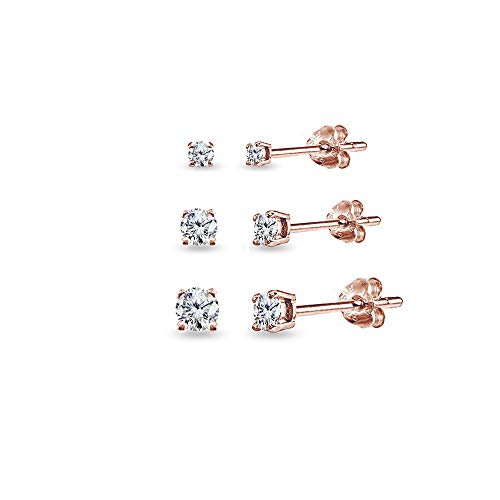 5 Pair Set Rose Gold Flashed Sterling Silver Cubic Zirconia Round Stud Earrings, Choice of Sets 5 Pair Set Rose Gold Flashed Sterling Silver Cubic Zirconia Round Stud Earrings, Choice of Sets