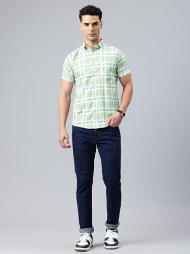 Image of Majestic Man Men Slim Fit Pure Cotton Checkred Half Sleeve Casual Shirt