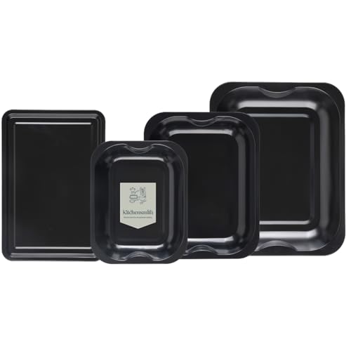4-Pack Black Roasting and Baking Tray Set - Large Roaster (38cm), Medium Roaster (33cm), Small Roaster (28cm) & Small Tray (32cm) - Baking Tray Set Tray/Pan, Non-Stick, Multi-Pack - Dishwasher Safe