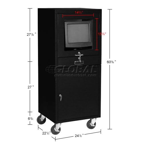 Image of Global Industrial Mobile Security Computer Cabinet, Black, Unassembled | For 21 inch Diagonal Monitors, Steel Construction, 24-1 /2 inchW x 22-1 /2 inchD x 60-3 /8 inchH, Black Powder Coat Finish
