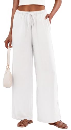 HONGTEYA Womens Cotton Linen Palazzo Pants Drawstring Elastic Waist (US Alpha X-Small Regular Regular White)