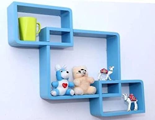 Image of Wooden handicrafts Wooden Stylish Wall Rack Shelves Set of Wall Shelves MDF -Medium Density Fiber Home Decoration Wall Decor (Blue, Interlock 3)