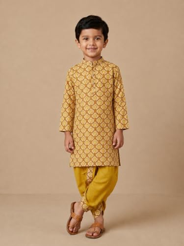 Image of The Mom Store Baby /Kids Boys Dhoti Kurta Set | Dhoti and Kurta | 100% Cotton | Comfortable | Ethnic | Festive Look | Block Prints | Colored Dhoti | Blue